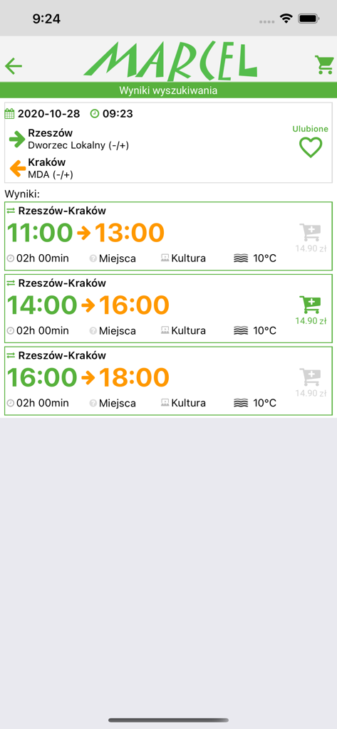 Search results screen in the Marcel Bus app displaying bus schedules and prices for travel between Rzeszow and Krakow.