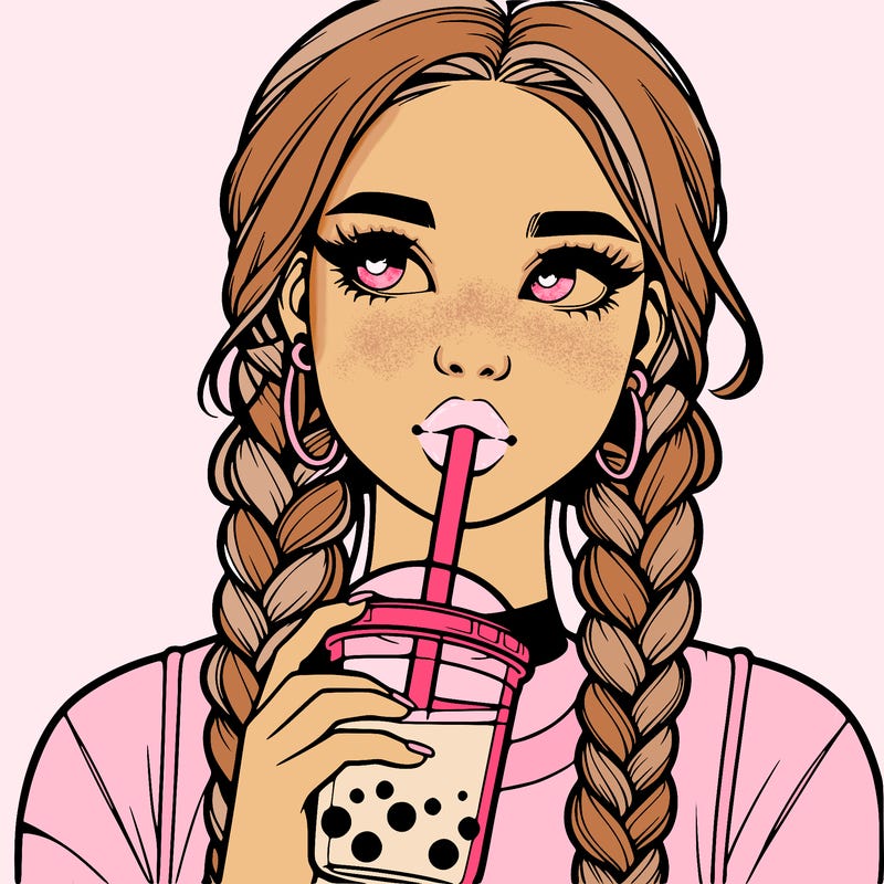 realistic girl with braided hair drinking boba