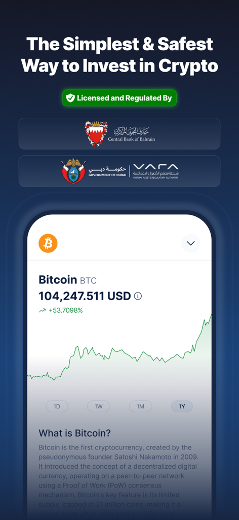 CoinMENA mobile app interface showing Bitcoin price chart and regulatory licenses from Bahrain and Dubai