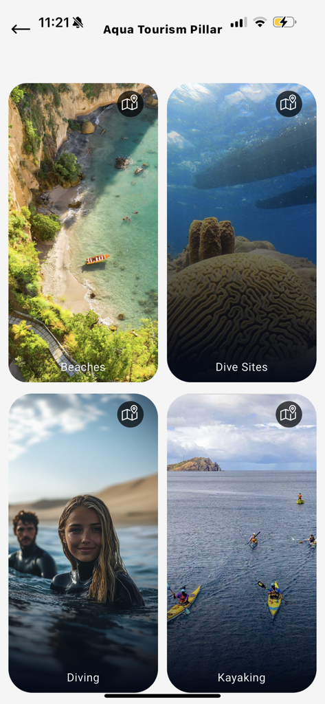 Explore Dominica - Mobile app interface displaying options for beaches, dive sites, diving, and kayaking in Dominica
