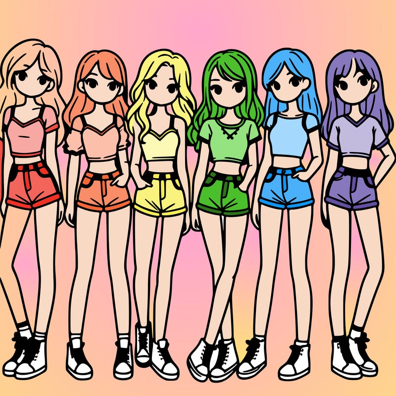 a group of girls wearing crop tops and shorts