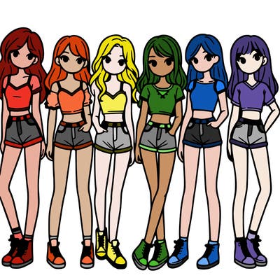 a group of girls wearing crop tops and shorts