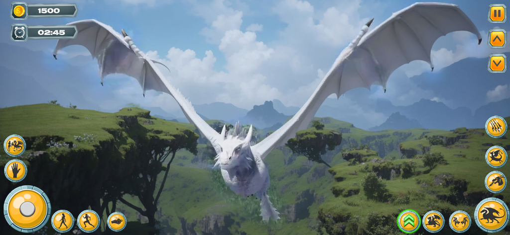 Rise of Dragon : Family Quest - White dragon flying through a lush green landscape in a 3D simulation game