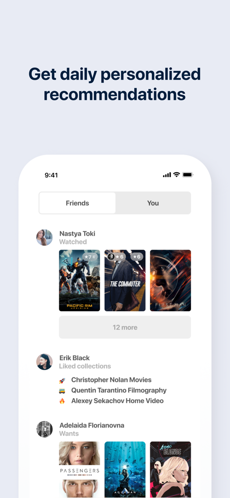 Feed de actividad social en la aplicación Must que muestra las películas vistas y deseadas por los amigos.