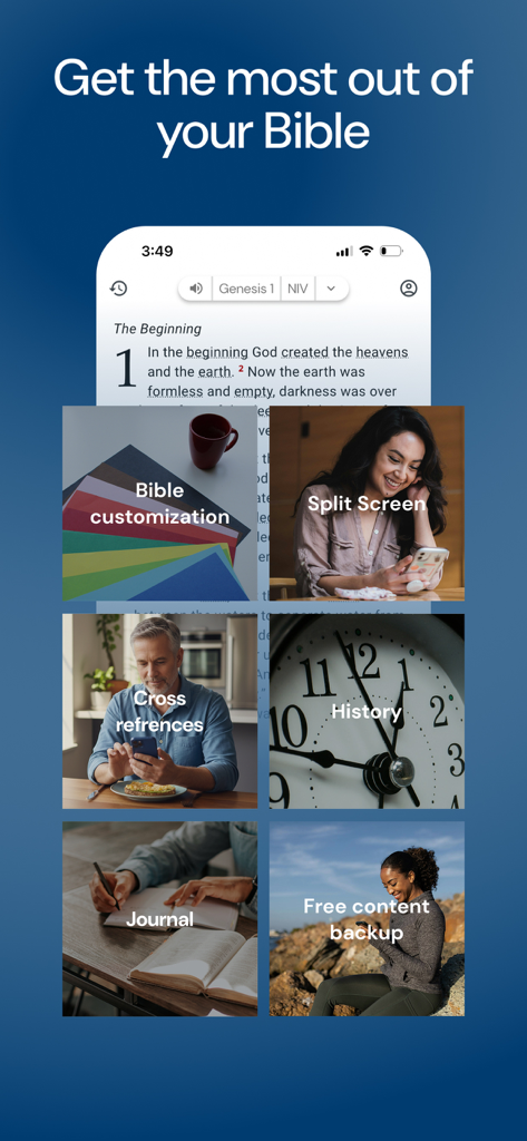 NIV Bible app features overview including split screen and journal