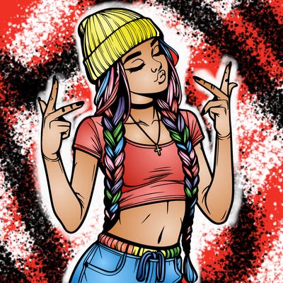 realistic teenage girl with braids and a beanie and crop top doing 🫶🏼