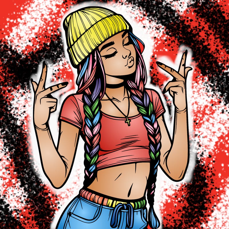 realistic teenage girl with braids and a beanie and crop top doing 🫶🏼