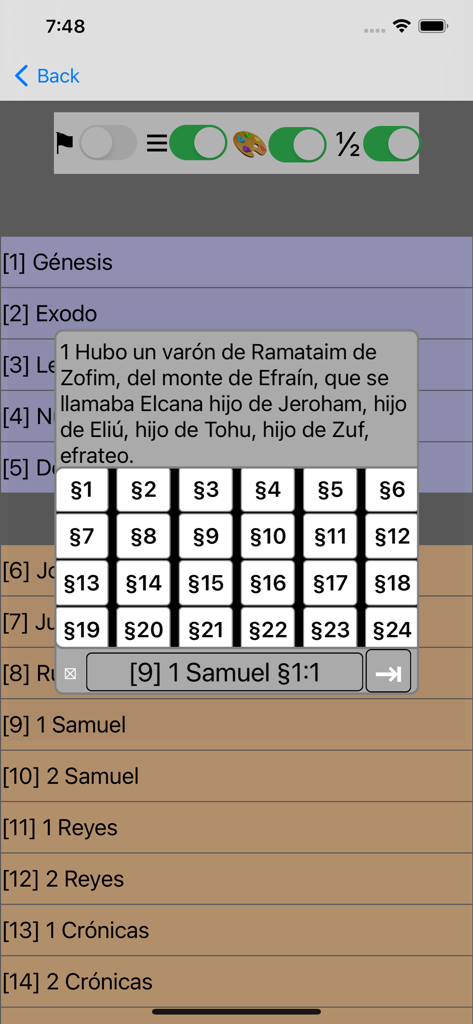 Santa Biblia Ver: Reina Valera - A chapter and verse selection popup within the Santa Biblia Reina Valera app interface