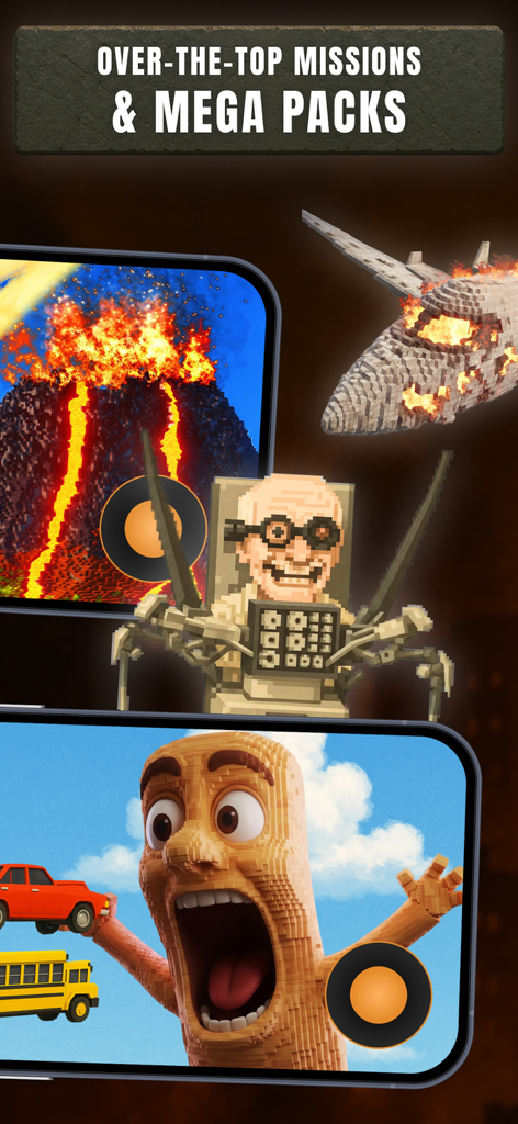 Application compagnon Teardown Game montrant des méga packs de missions et des scénarios de destruction de voxels