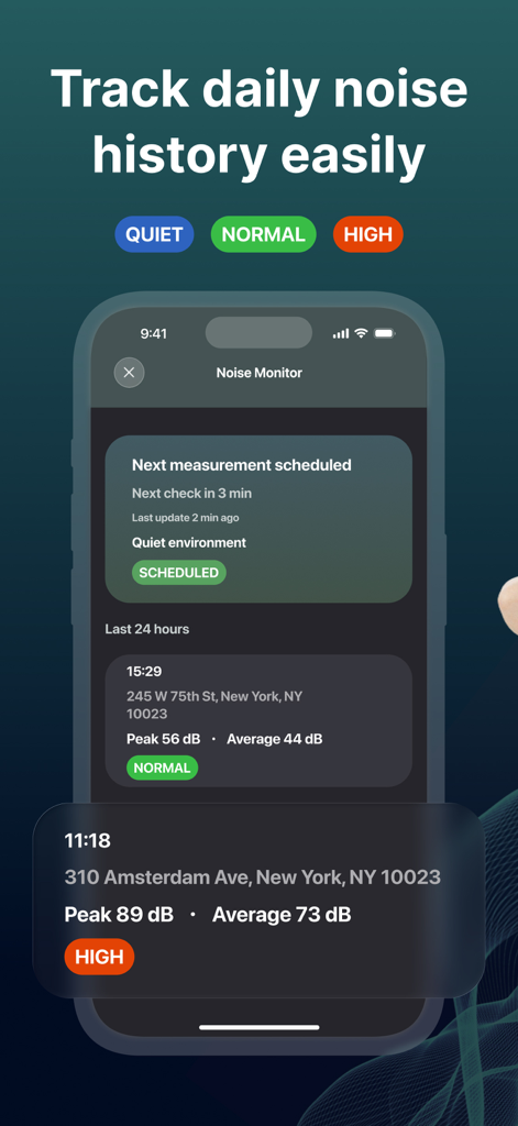 Location Phone Tracker: Ambii - Ambii app interface displaying a 24-hour history of noise levels and decibel data for specific locations