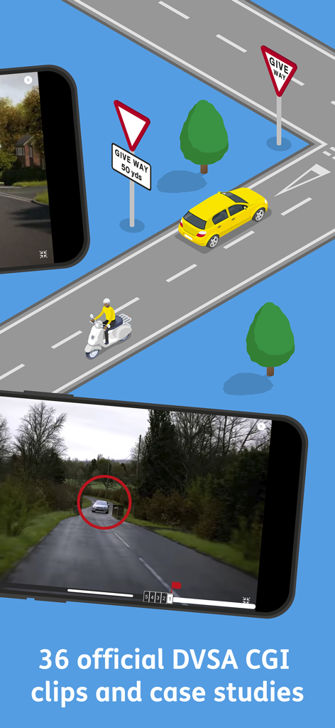 Screenshot of the Official DVSA Theory Test Kit app featuring interactive CGI hazard perception clips and case studies.