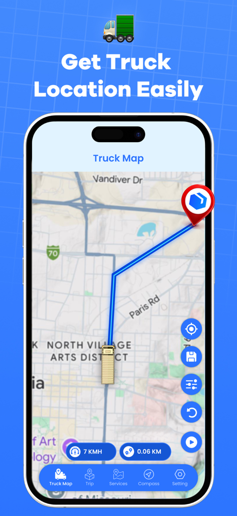 Interface de aplicativo de navegação de caminhão mostrando uma rota e localização de veículo em tempo real em um mapa.
