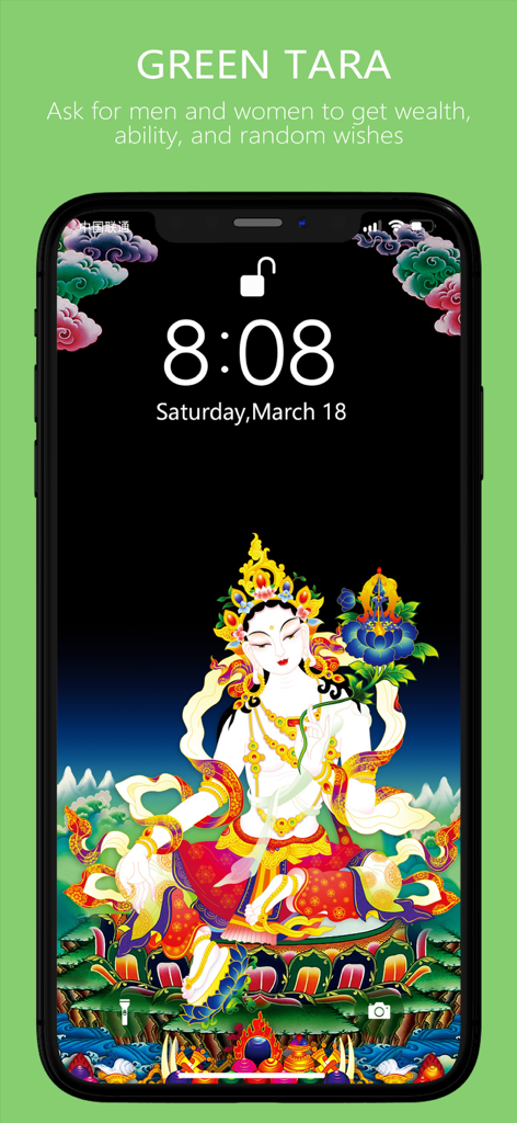 Buddha Wall-Buddhist Wallpaper - iPhone lock screen displaying a vibrant Green Tara Tibetan Thangka wallpaper with Buddhist motifs