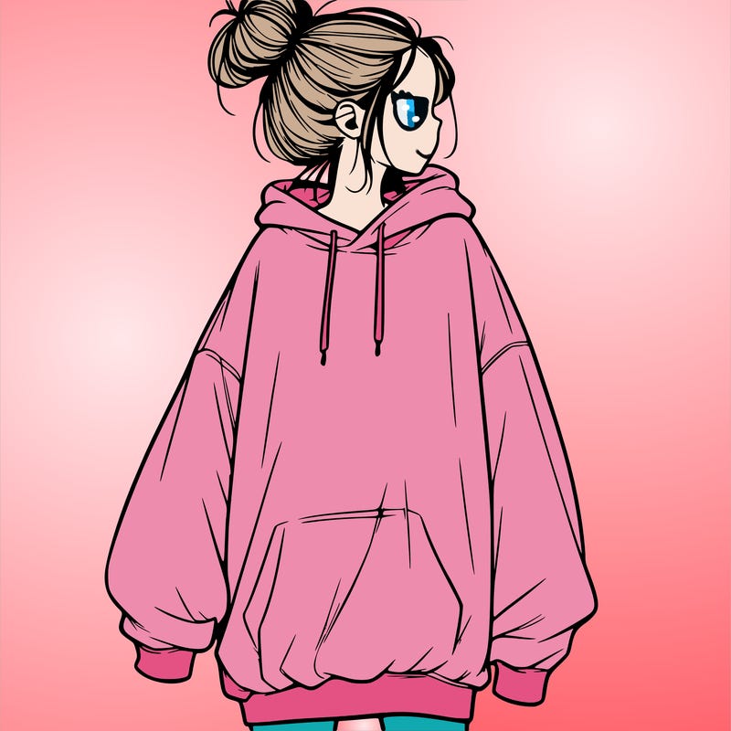 realistic girl with a oversized sweatshirt on and a bun