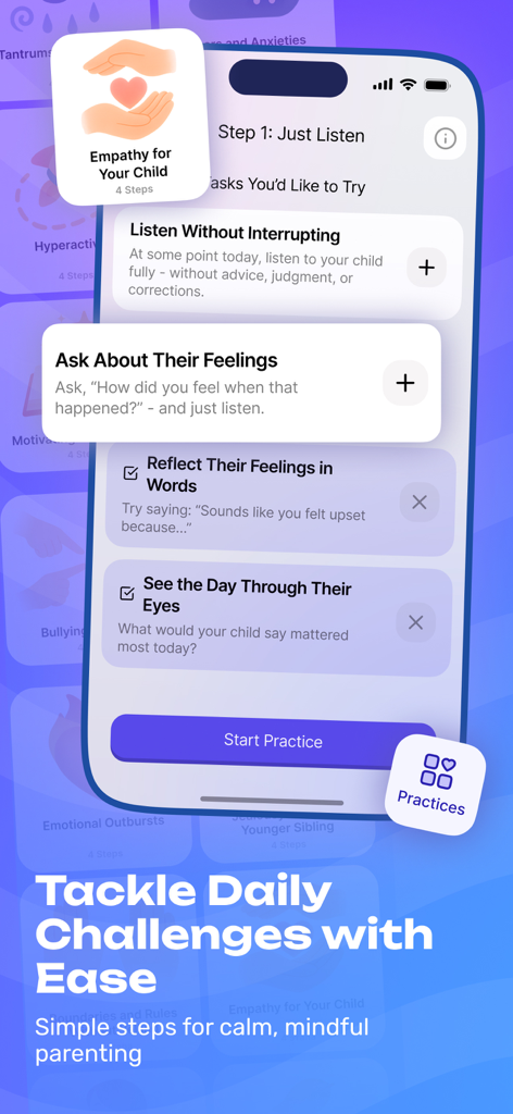 DragonFamily app interface showing empathy building steps for mindful parenting including active listening and reflecting feelings