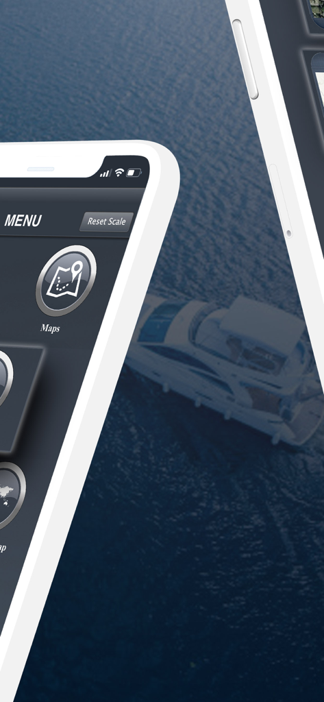 Oberfläche der Marine Navigation App auf einem Smartphone mit einer Yacht im Hintergrund