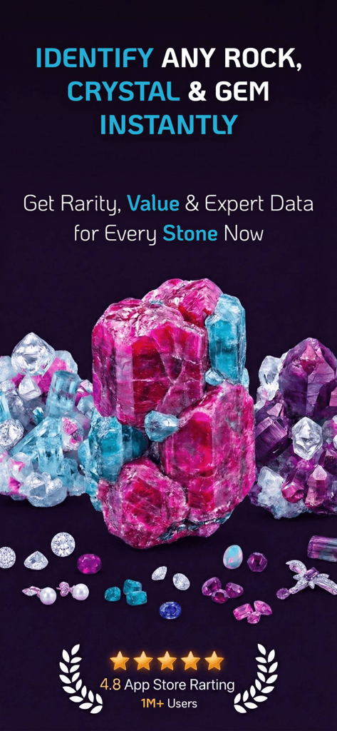 Pantalla promocional de la aplicación Rockfy para identificar rocas y cristales con valor estimado y datos expertos