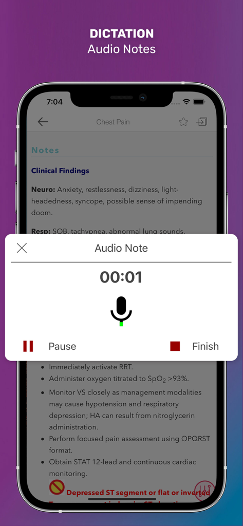MedSurg Notes: Nurse Pkt Guide - Pantalla de la aplicación MedSurg Notes que muestra la función de dictado de audio para grabar notas de voz clínicas sobre la condición de un paciente