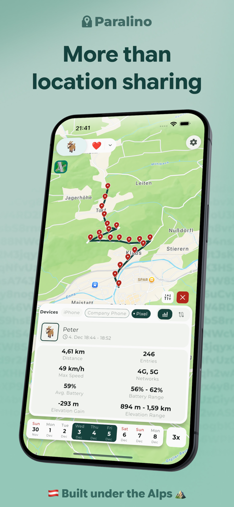 Paralino: Secure Phone Tracker - Paralino app interface showing a tracked route on a map with detailed device status like battery and speed.