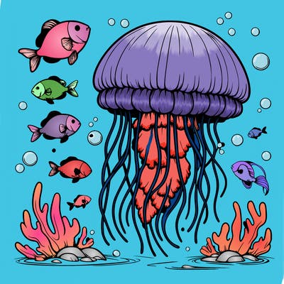 realistic jellyfish with fish swimming