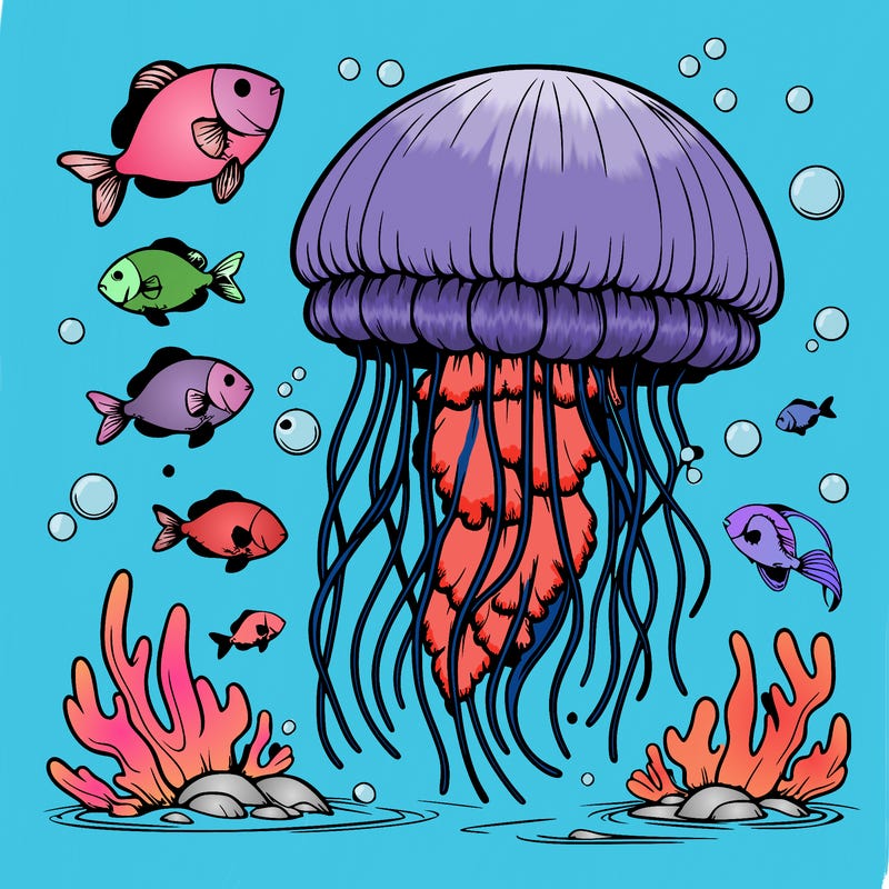 realistic jellyfish with fish swimming