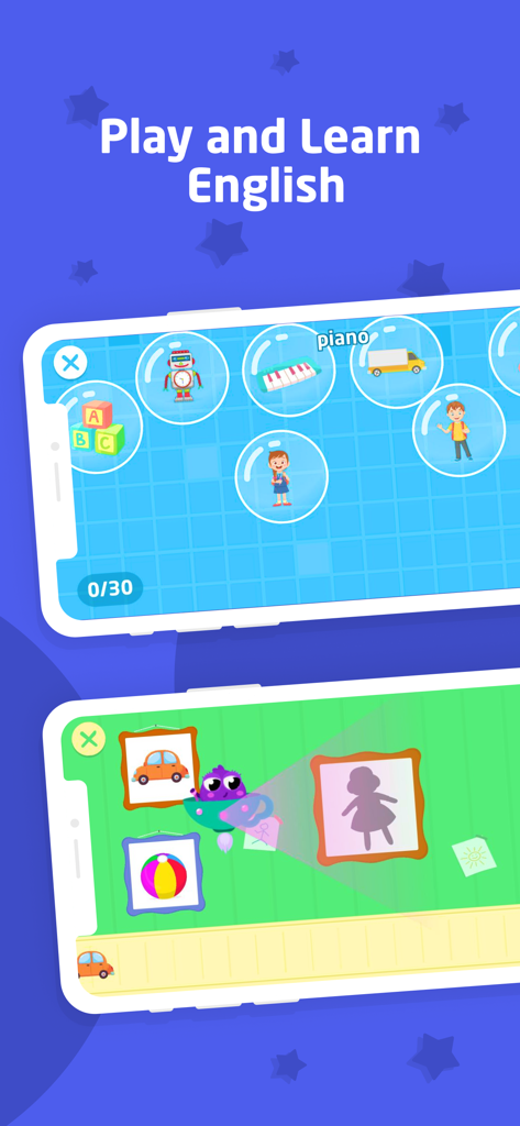 English for Kids: Play & Learn - Two smartphone screens displaying interactive English vocabulary and shadow matching games for children