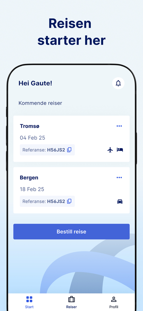 Berg-Hansen app interface showing upcoming business trip bookings