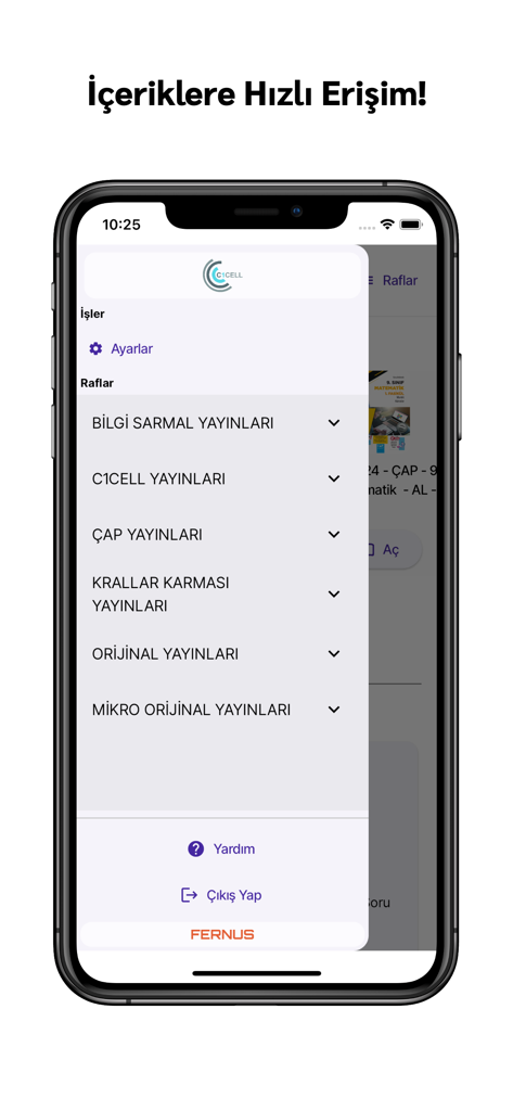 Interface do aplicativo móvel mostrando um menu lateral com uma lista de editoras educacionais turcas e configurações