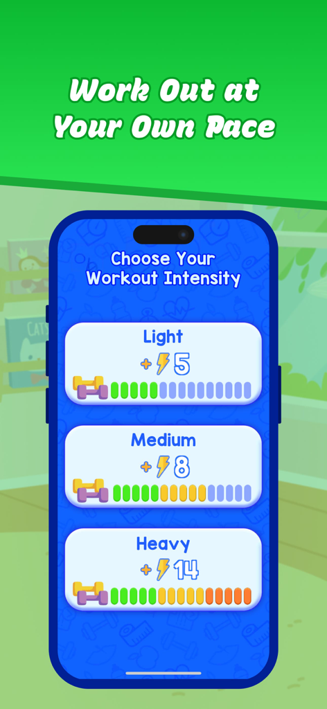 Kids Workout & Fitness - Interface of the Kids Workout app showing Light Medium and Heavy intensity level options