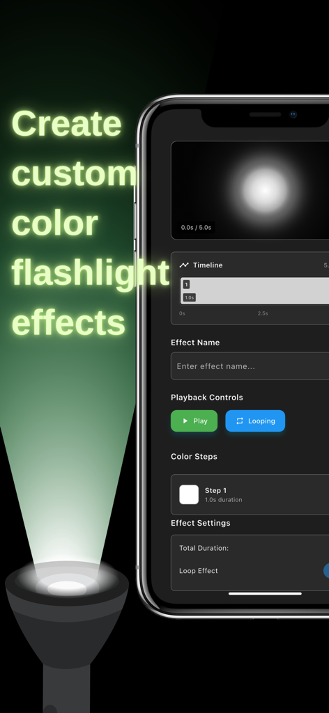Color Flashlight - ScreenFlash - Color Flashlightアプリのインターフェース。カスタムアニメーションライトシーケンスを作成するためのタイムラインエディタが表示されています。