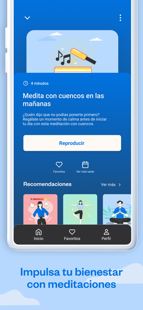 Cuéntame: Bienestar emocional - Tela do aplicativo Cuentame mostrando uma meditação matinal com tigelas