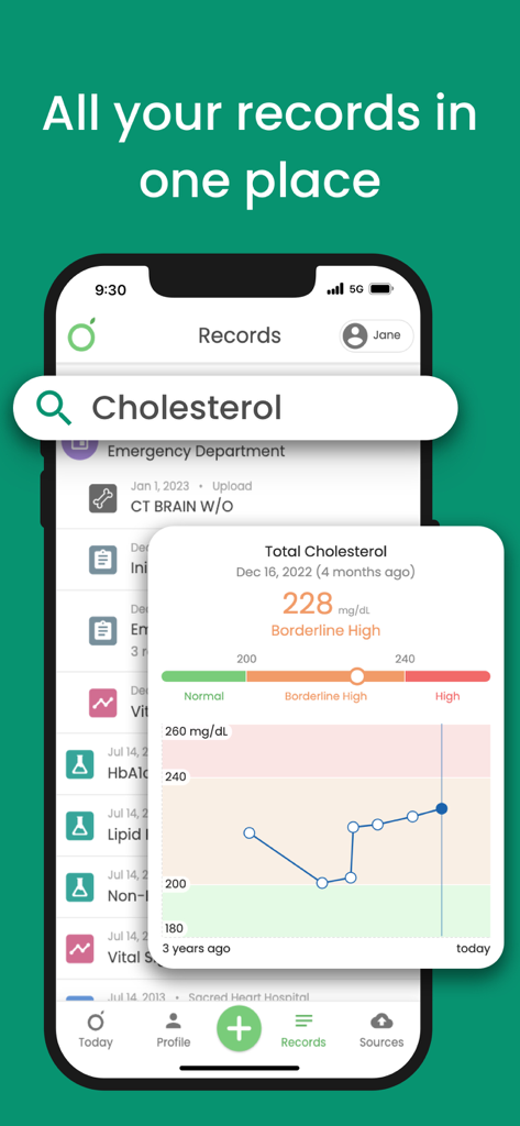 Guava: Health Tracker - Guava app interface displaying a centralized list of medical records and a cholesterol level tracking graph.