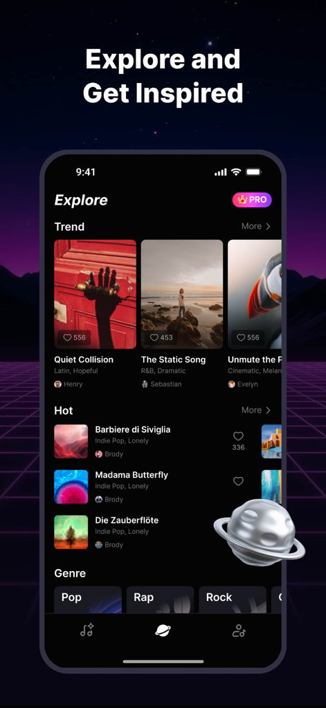 Tela de exploração do aplicativo Tad AI Music Generator mostrando músicas populares e gêneros musicais.