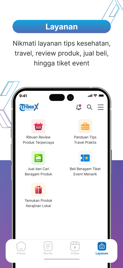 TribunX app services screen featuring options for product reviews travel tips local marketplace and event tickets