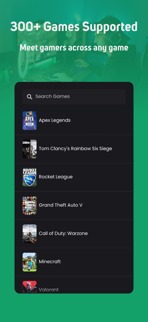 GamerLink LFG, Find Teammates! - L'interface de l'application GamerLink affiche une barre de recherche et une liste de jeux populaires comme Apex Legends et Warzone.