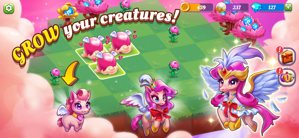 Wonder Merge - Screenshot of Wonder Merge showing pink eggs evolving into magical winged creatures on a green grid