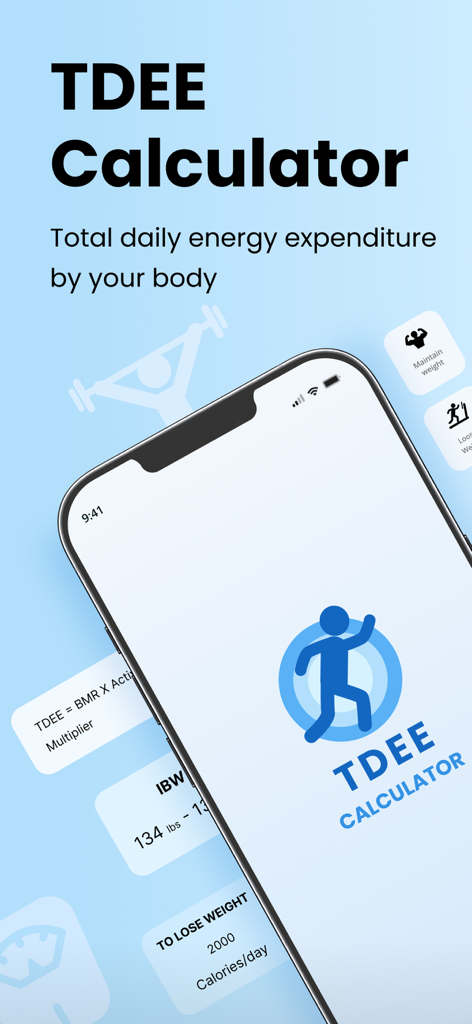 App Calcolatore TDEE visualizzata su uno smartphone che mostra metriche di dispendio calorico
