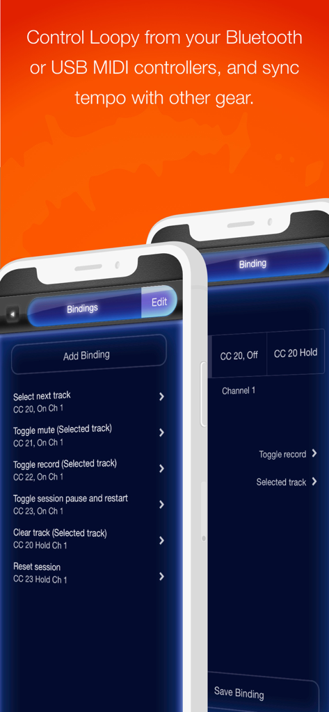 Interface of Loopy HD app displaying MIDI controller binding options for live performance control.