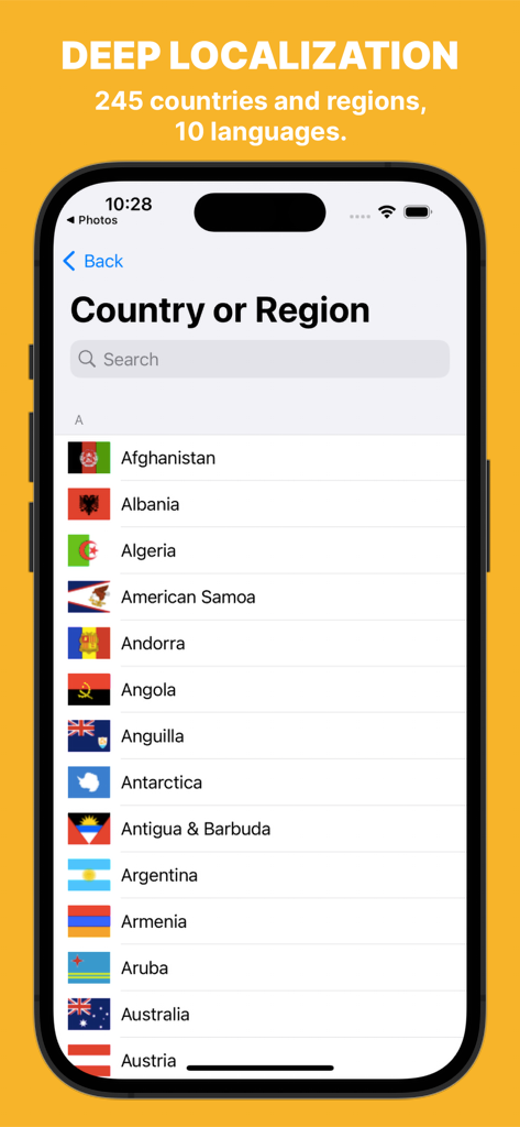 Maps Address Book - Interface of Maps Address Book app showing a list of countries and flags for selection.