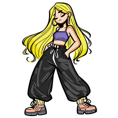 girl in baggy pants crop top and long hair