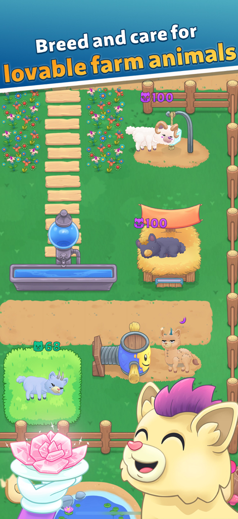 Gameplay screen of Lingo Legend showing a character and various farm animals in a customizable camp area