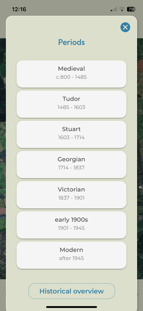 HistoMap Shrewsbury - ヒストマップ・シュルーズベリーの歴史時代選択メニュー。中世から近代までの時代が表示されています。