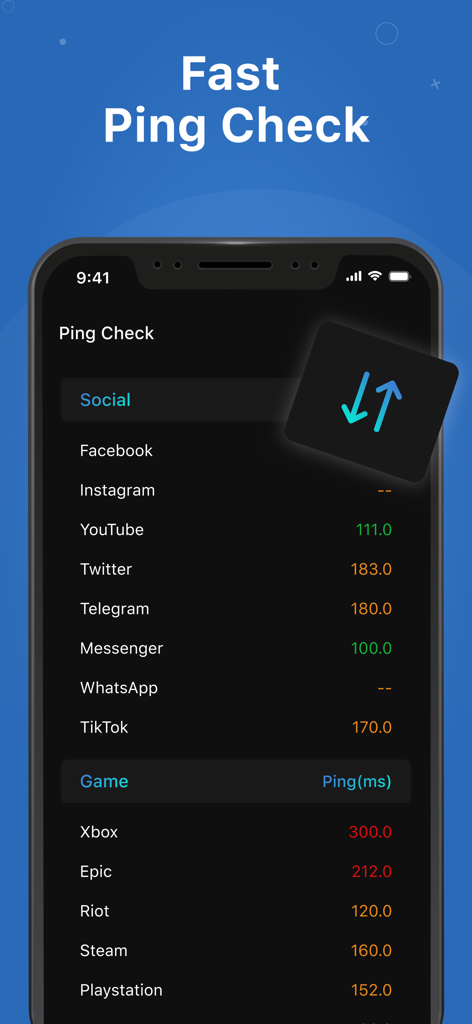 Internet Speed Meter Lite - Eine mobile Oberfläche der Internet Speed Meter Lite App, die Echtzeit-Ping-Werte für Social-Media- und Gaming-Apps anzeigt