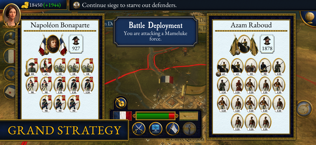 Total War Napoleon battle deployment screen showing Napoleon Bonaparte versus Azam Raboud