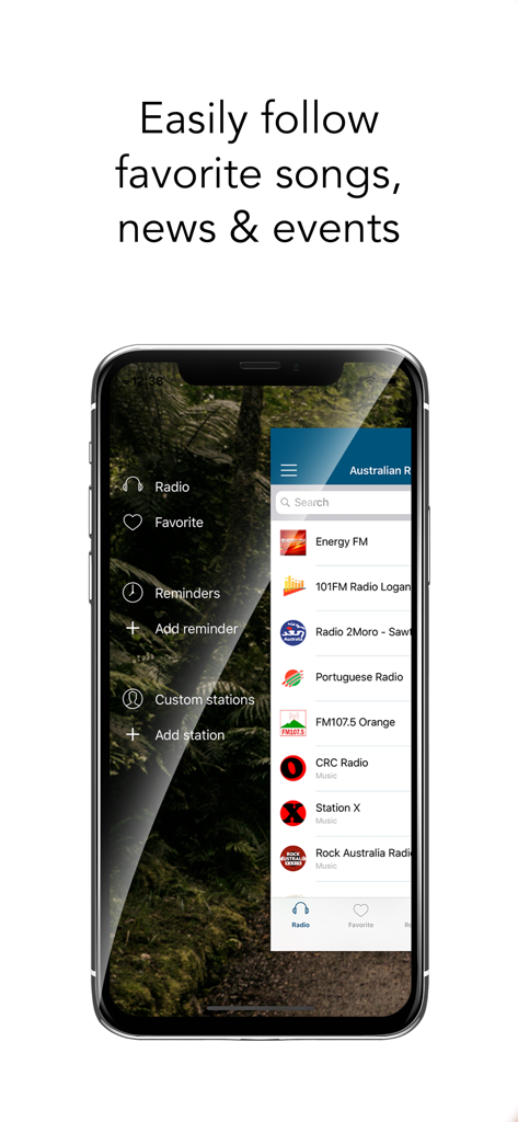 Australian Radio - Interfaz de la aplicación Radio Australiana que muestra una lista de emisoras de radio FM y el menú de navegación.