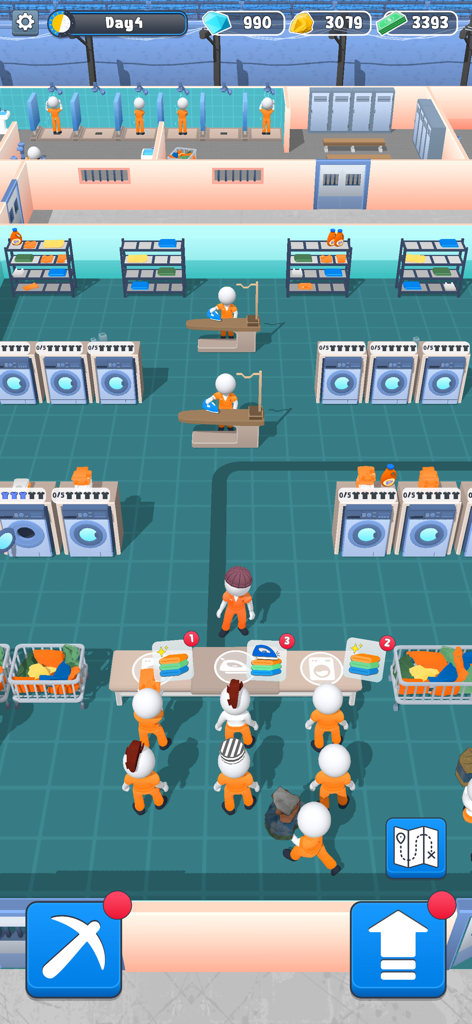 Prison Break-Out - Vista de arriba hacia abajo de prisioneros con monos naranjas realizando tareas de lavandería en un juego de simulación de prisión.