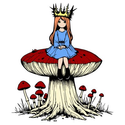 realistic girl sitting on a huge tree stump size toadstool with thorn crown