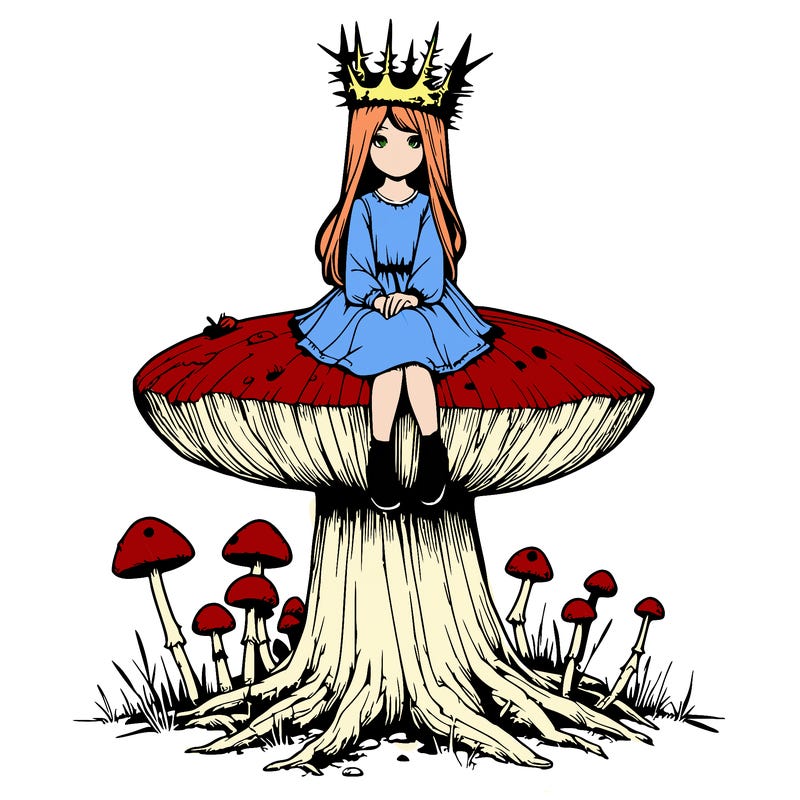 realistic girl sitting on a huge tree stump size toadstool with thorn crown