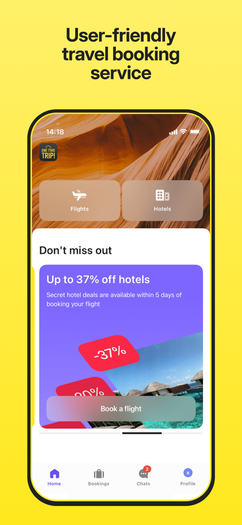OneTwoTrip Flights and Hotels - OneTwoTrip mobile App Startbildschirm mit Flug- und Hotelbuchungsoptionen und einem Hotelrabattangebot