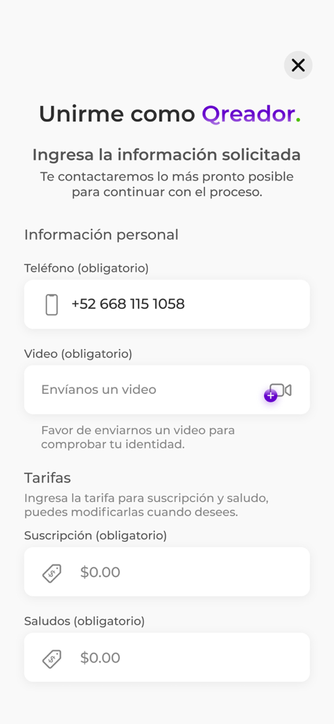 Qvery - Formulario de registro para creadores en la app Qvery con campos para número de teléfono verificación de video y configuración de precios de suscripción